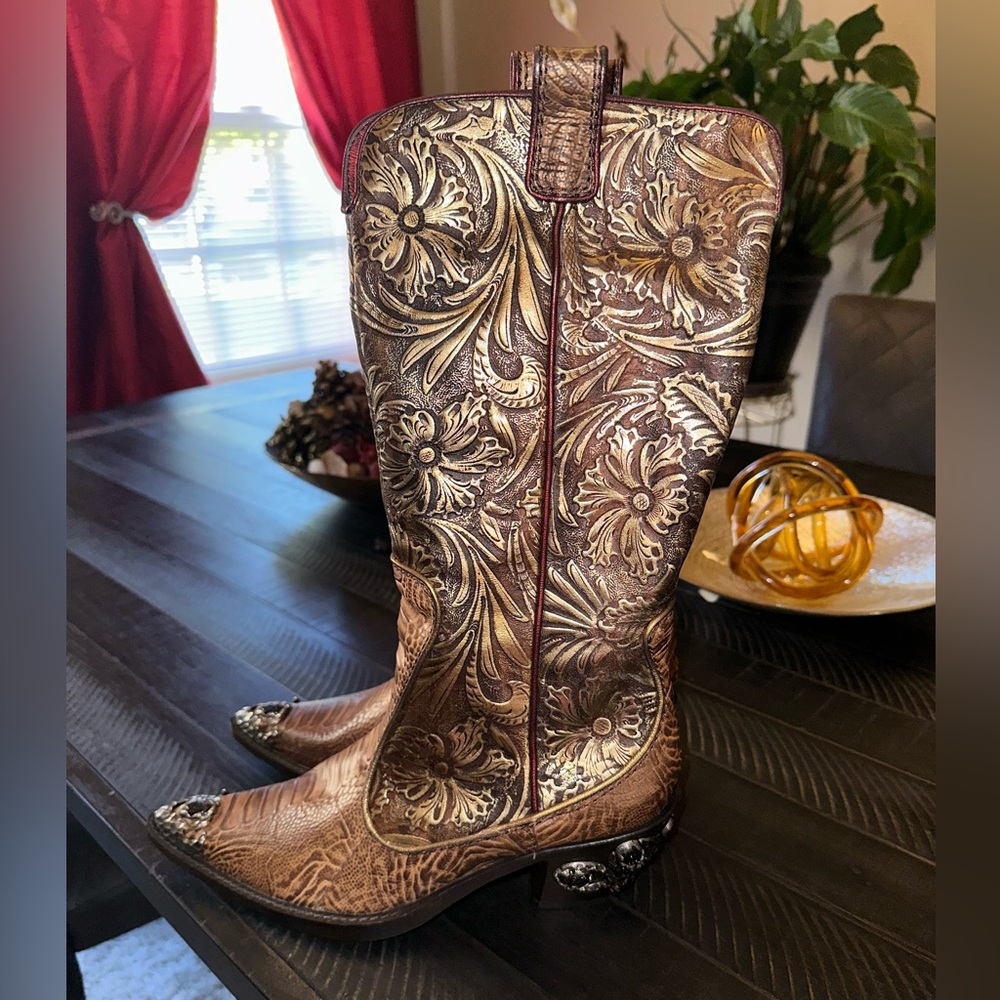 NIB NEW Giuseppe Zanotti brown & gold embossed leather heeled cowboy boots, 10